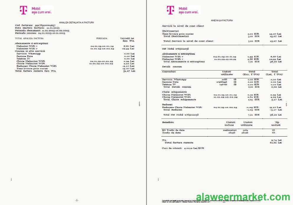 Romania T-Mobile utility bill template in Word and PDF formats, 4 pages, 3-4 pages